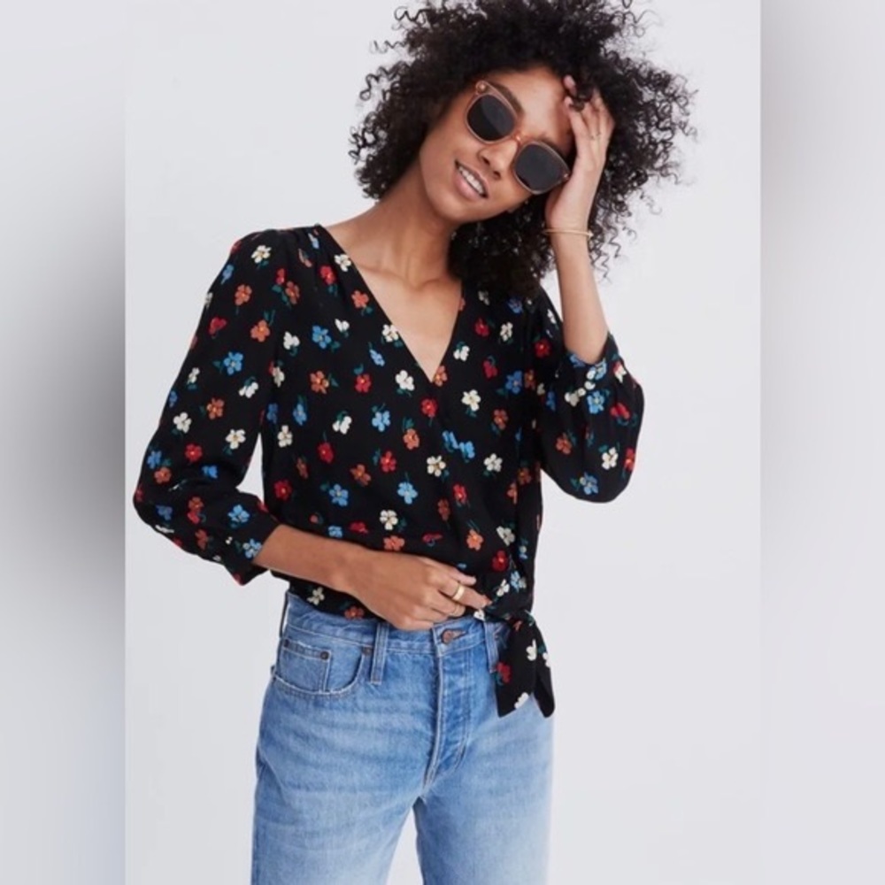 Madewell Black Multi Floral Surplice Tie Front Blouse Wrap Long Sleeve Top S